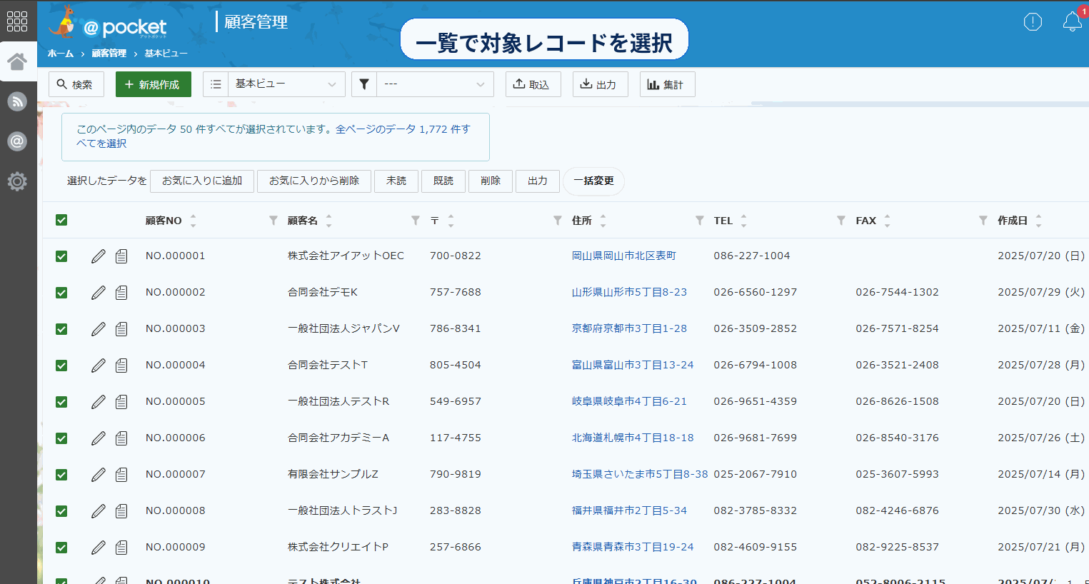 レコード一括更新プラグインの一覧画面イメージ
