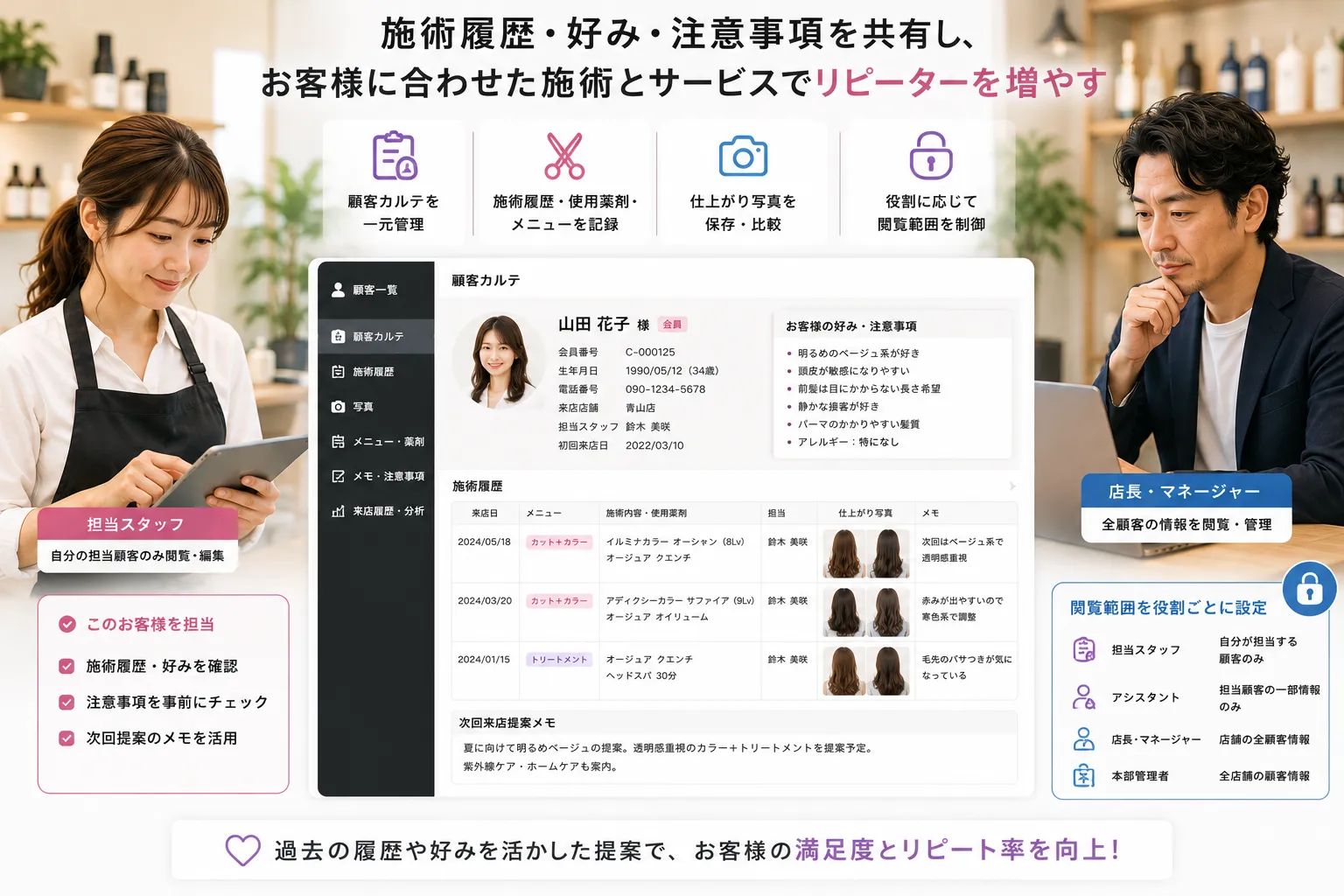 美容サロンの担当スタッフと店長が顧客の施術履歴、好み、注意事項を確認し、閲覧できる顧客情報を役割ごとに分けている様子