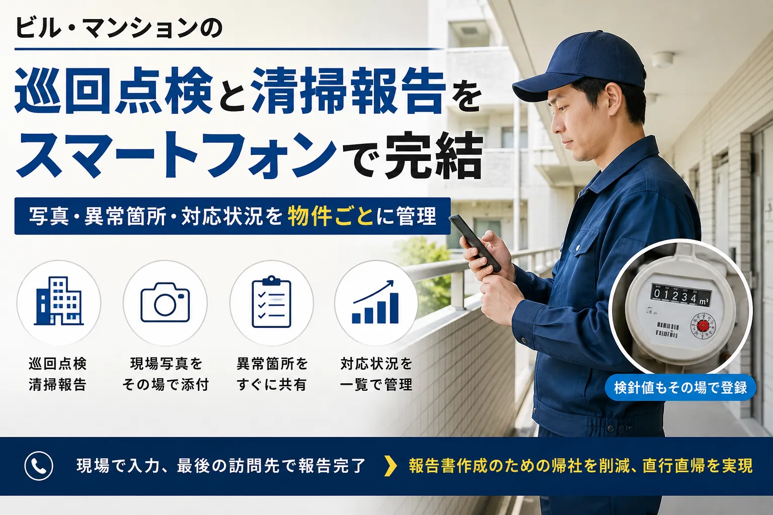 ビルメンテナンスの巡回スタッフがマンション共用部をスマートフォンで撮影し、点検結果と清掃状況を登録する様子