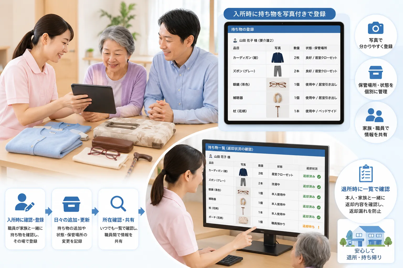 介護施設の入所時に職員が利用者と家族の持ち物を写真付きで登録し、退所時に返却状況を一覧で確認する活用イメージ