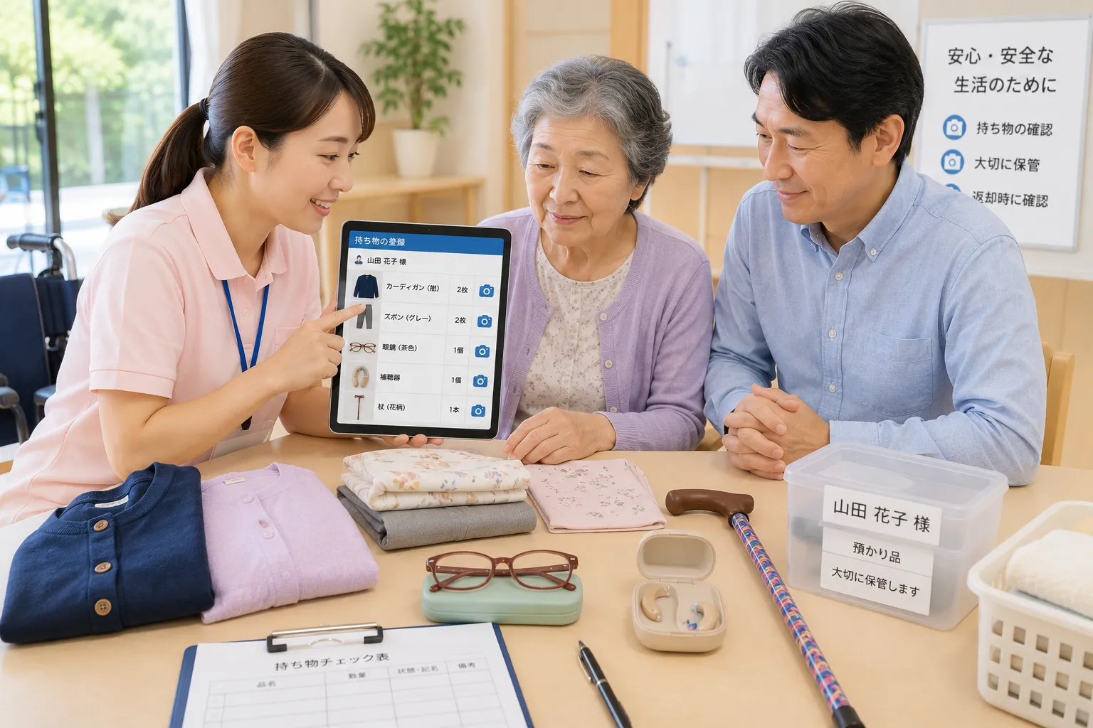 介護施設の職員が利用者と家族の前で衣類、眼鏡、補聴器、杖などを確認し、タブレットから写真付きで登録する様子