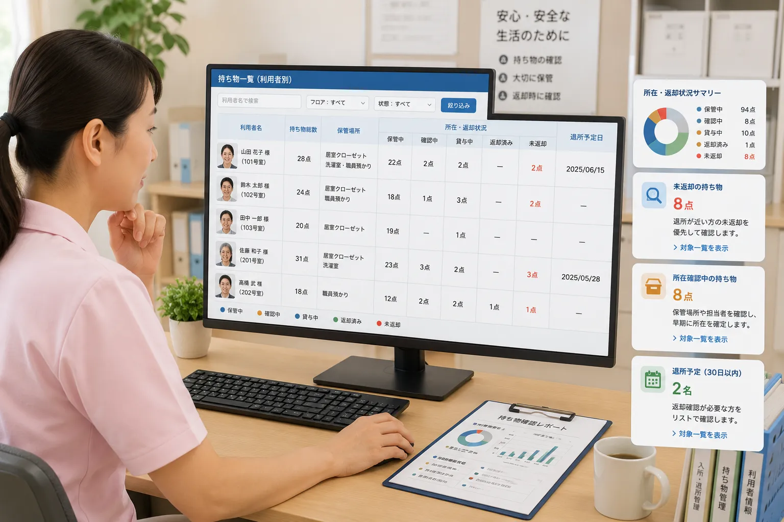 介護施設のフロア責任者が利用者別の持ち物一覧、保管場所、所在確認状況、退所時の返却状況をパソコンで確認する様子