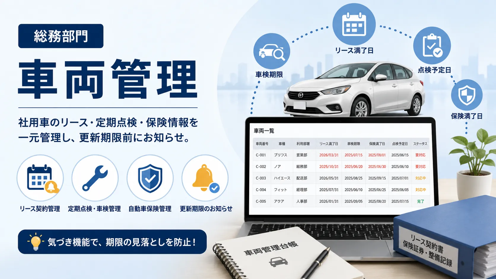 社用車の契約・点検・保険期限を一元管理のイメージ