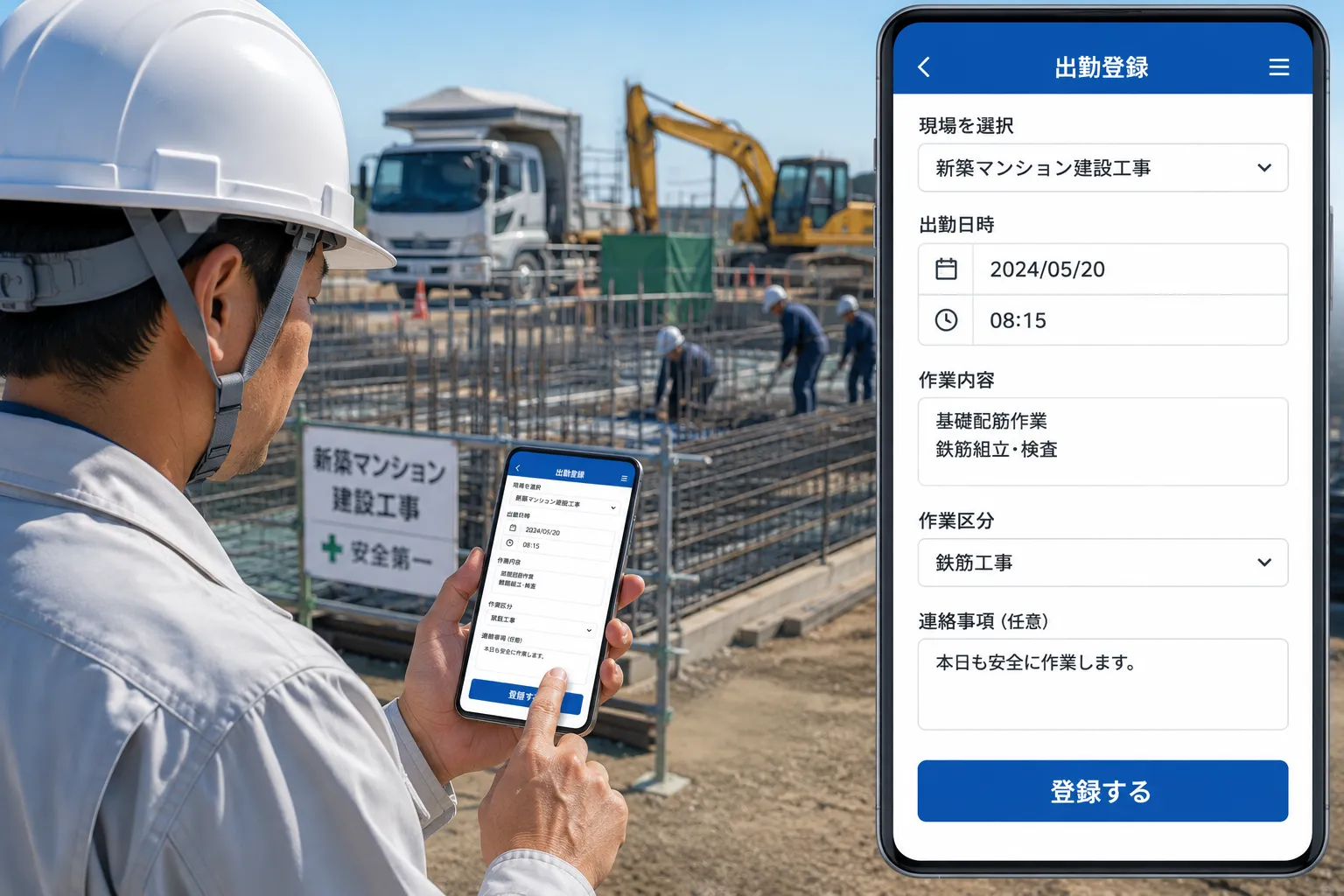 建設現場へ直行した作業員がスマートフォンで現場を選択し、出勤時刻と作業内容を登録する様子