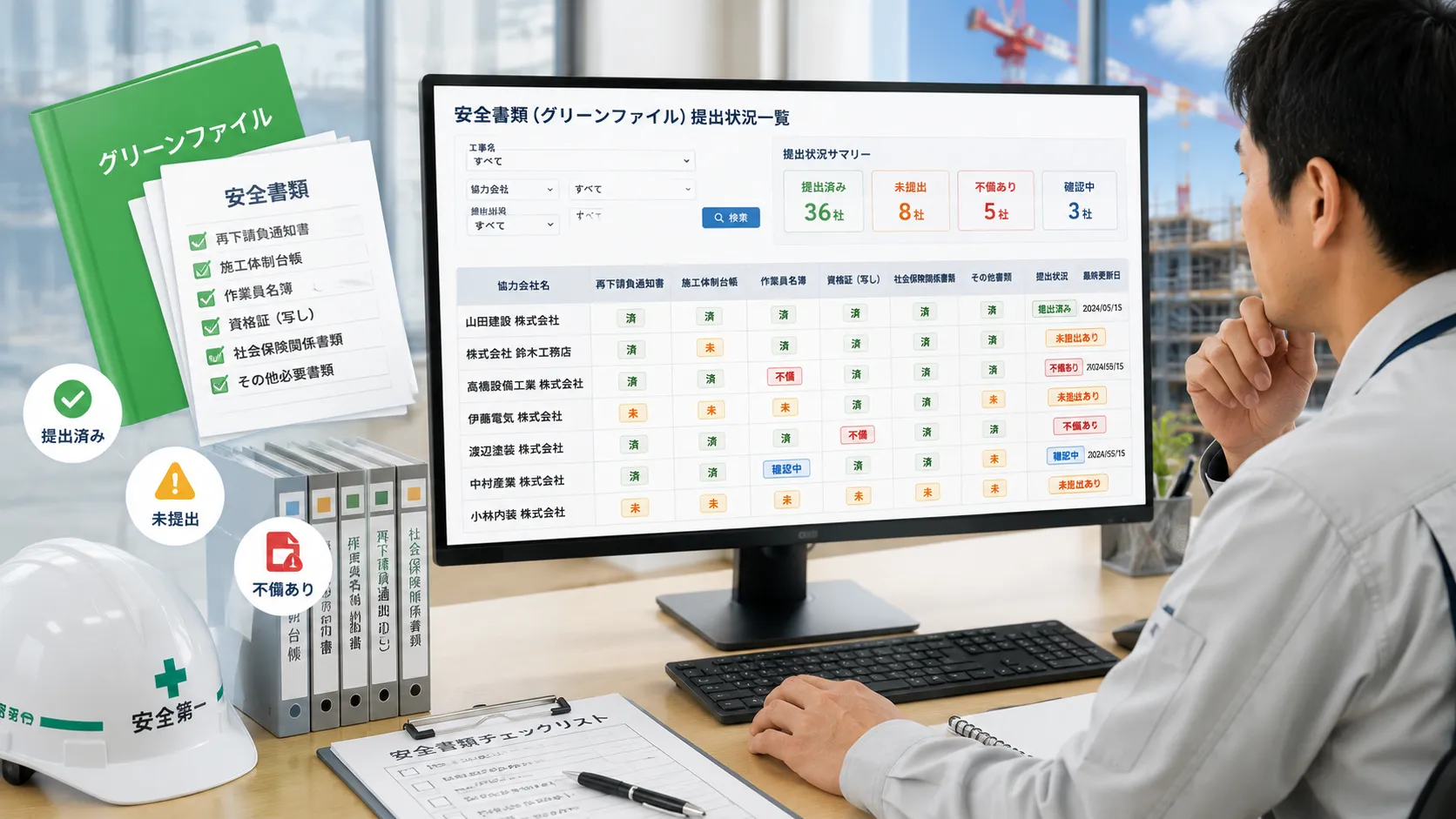 安全書類・グリーンファイルの提出状況を一元管理のイメージ