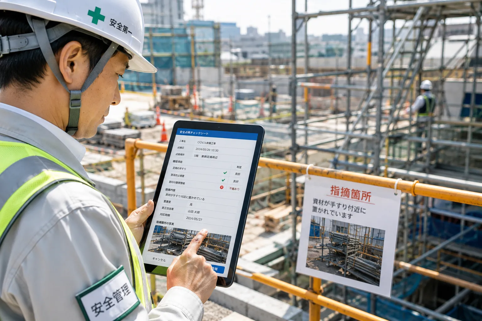 建設現場で安全管理担当者がタブレットから安全確認項目と指摘箇所の写真を登録する様子