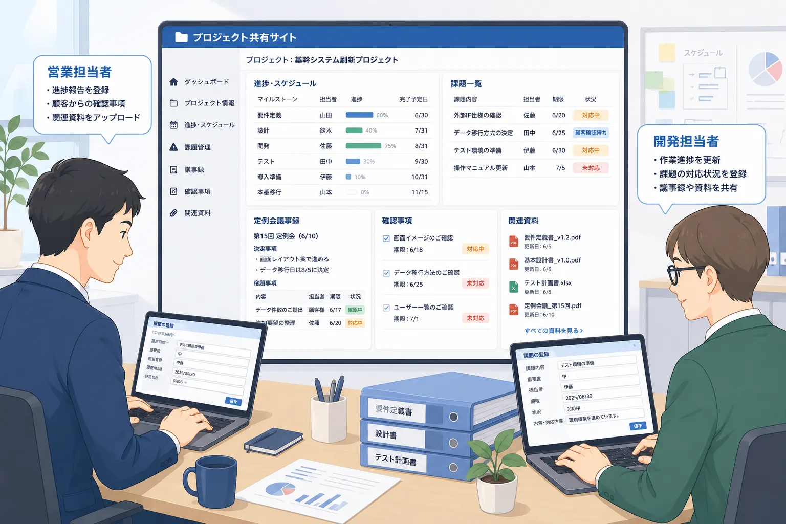 営業担当者と開発担当者がプロジェクトの進捗、課題、定例会議事録、関連資料をパソコンから登録する様子