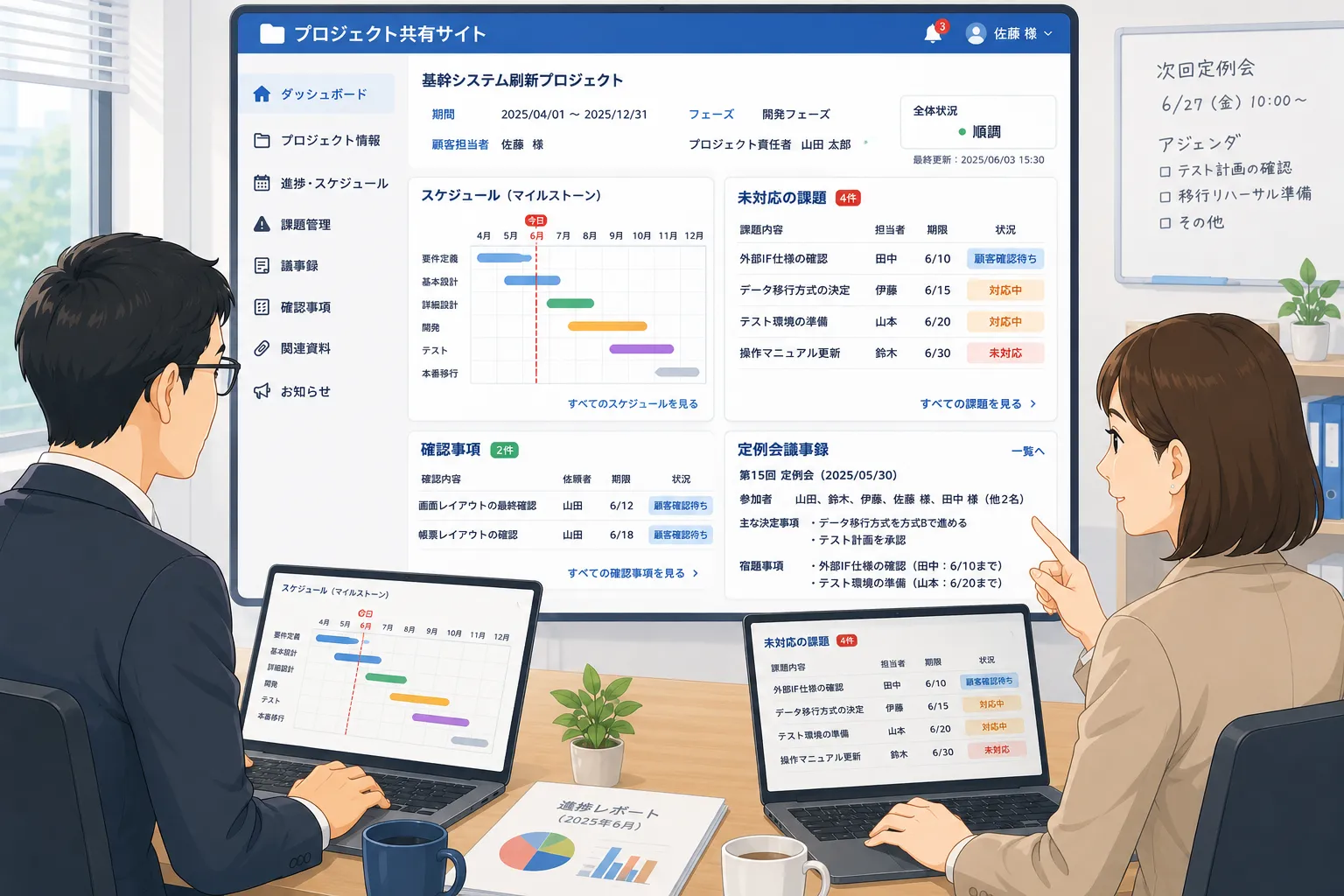 顧客とプロジェクト責任者が共有サイトでスケジュール、未対応課題、確認事項、議事録を確認する様子
