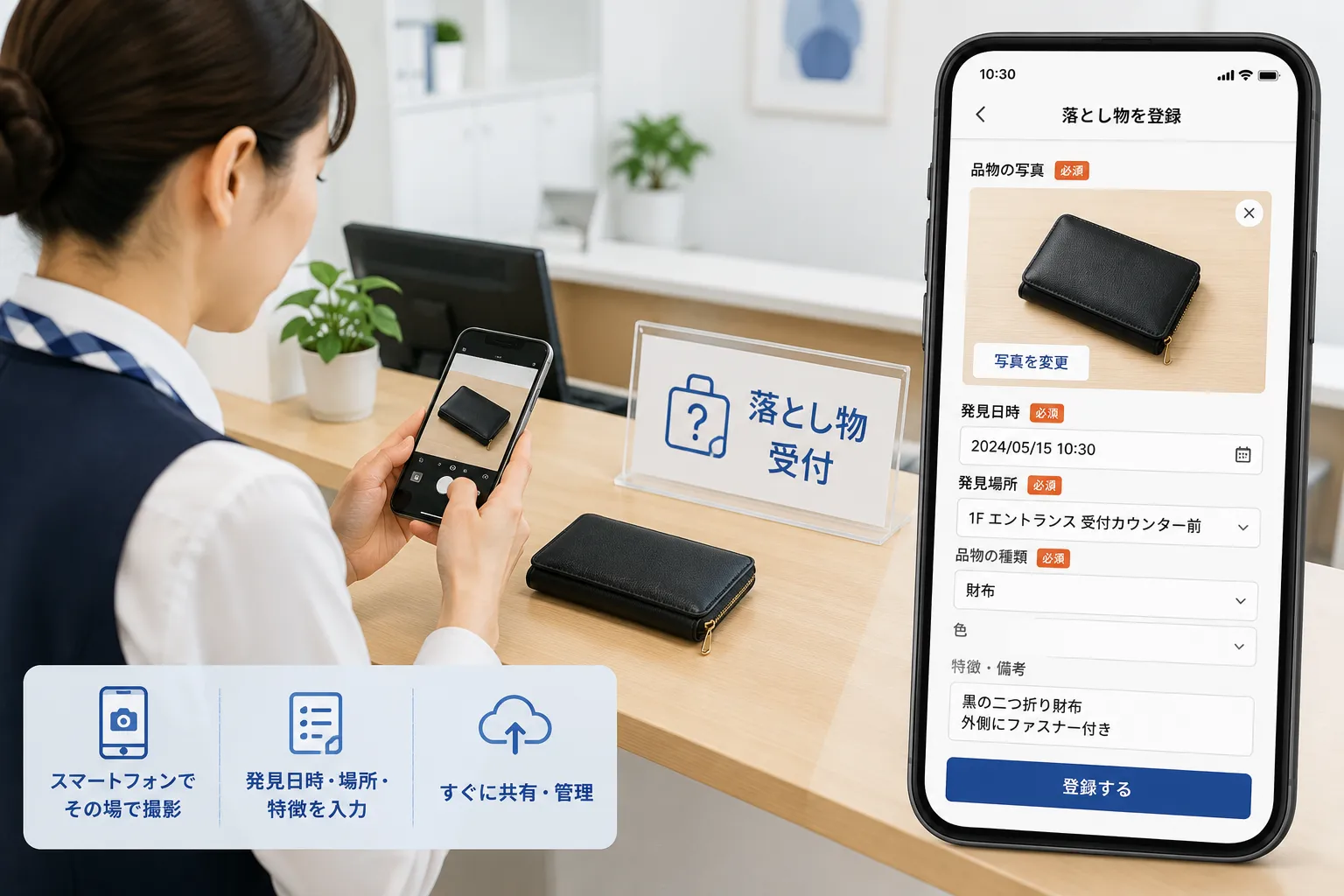 オフィスの受付担当者がスマートフォンで落とし物を撮影し、発見日時、発見場所、品物の特徴を登録する様子