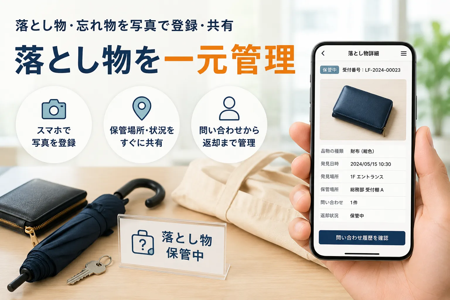 落とし物の保管場所と返却状況を一元管理のイメージ
