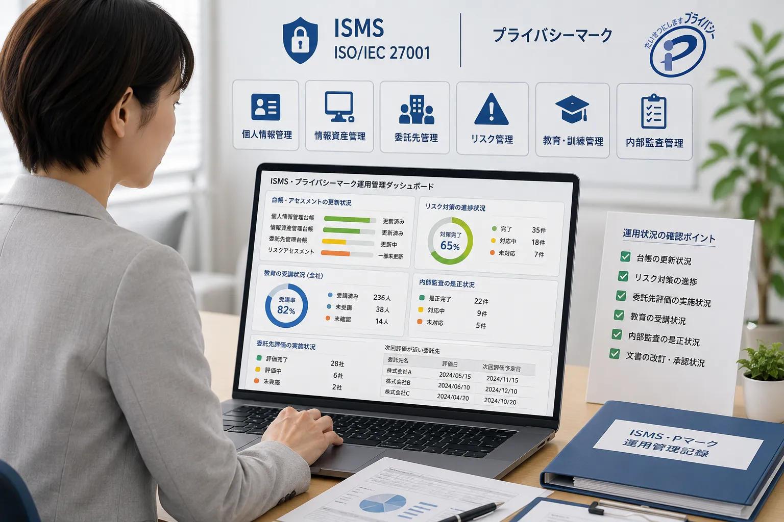 品質管理担当者がISMSとプライバシーマークに必要な個人情報、情報資産、委託先、リスク、教育、内部監査の管理状況を確認するイメージ