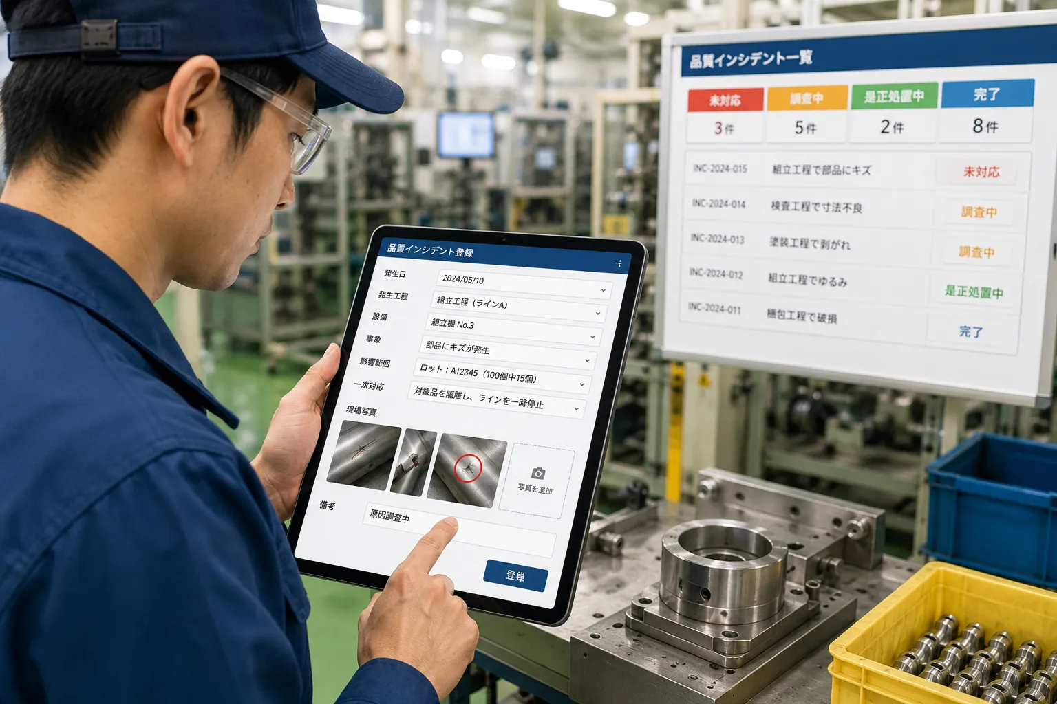 製造現場の担当者がタブレットから品質インシデントの発生工程、事象、影響範囲、現場写真を登録する様子