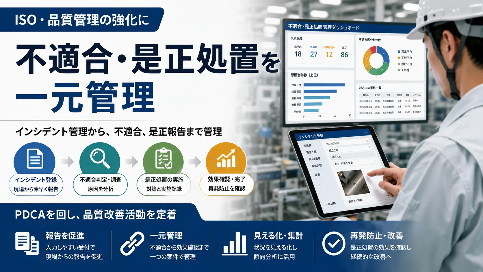 ISOの不適合と是正処置を一元管理のイメージ
