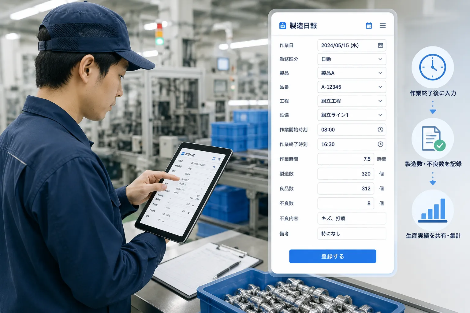 製造現場の作業者がタブレットで製品と工程を選び、作業時間、製造数、不良数を登録する様子