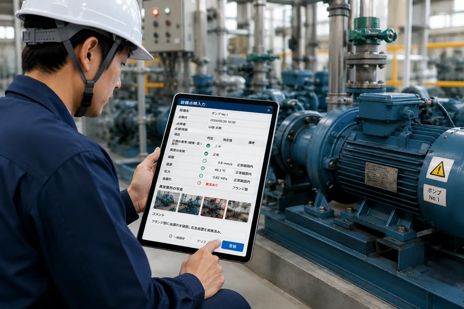 製造現場の点検担当者が設備の前でタブレットを使い、チェック項目、測定値、異常箇所の写真を登録する様子