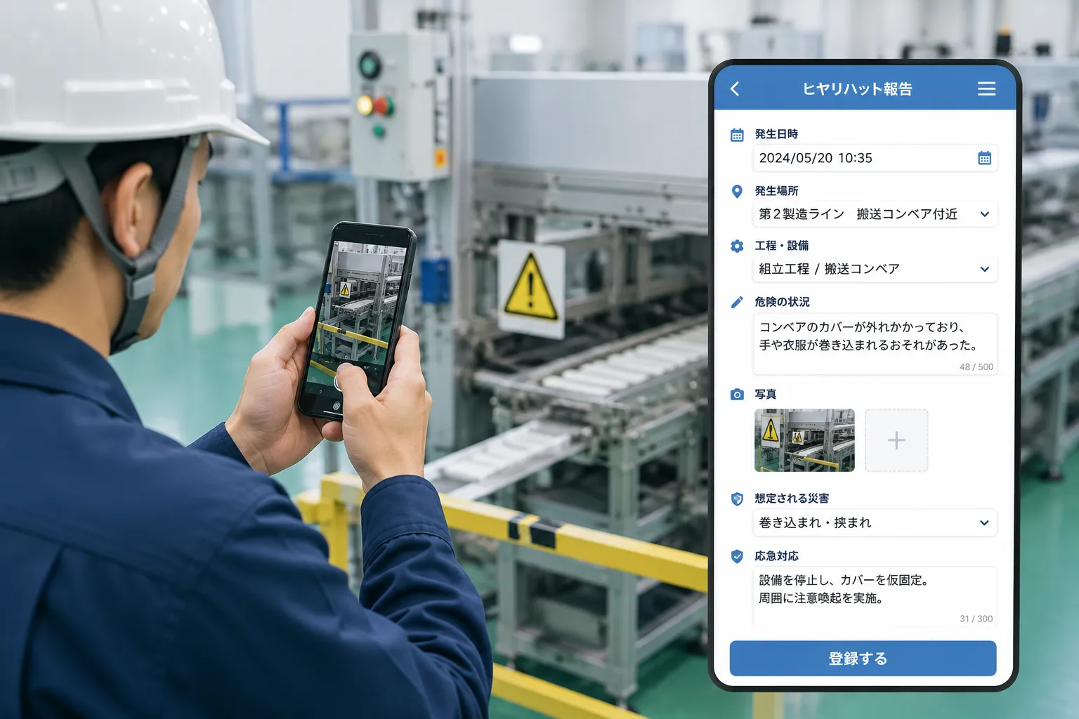 製造現場の作業者がスマートフォンで設備付近の危険箇所を撮影し、ヒヤリハットの状況と応急対応を登録する様子