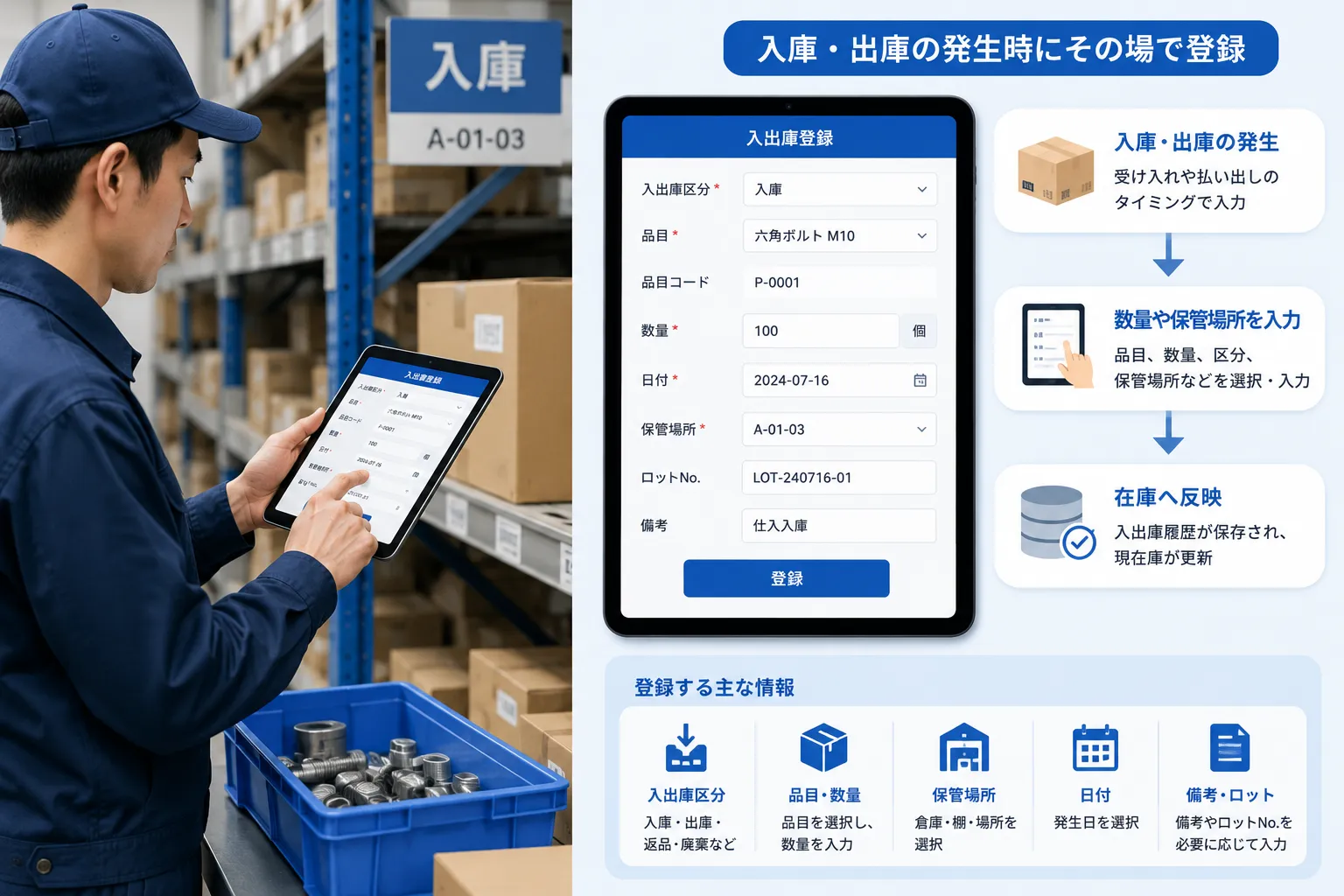 倉庫担当者がタブレットから部品の入庫数量と保管場所を登録する様子
