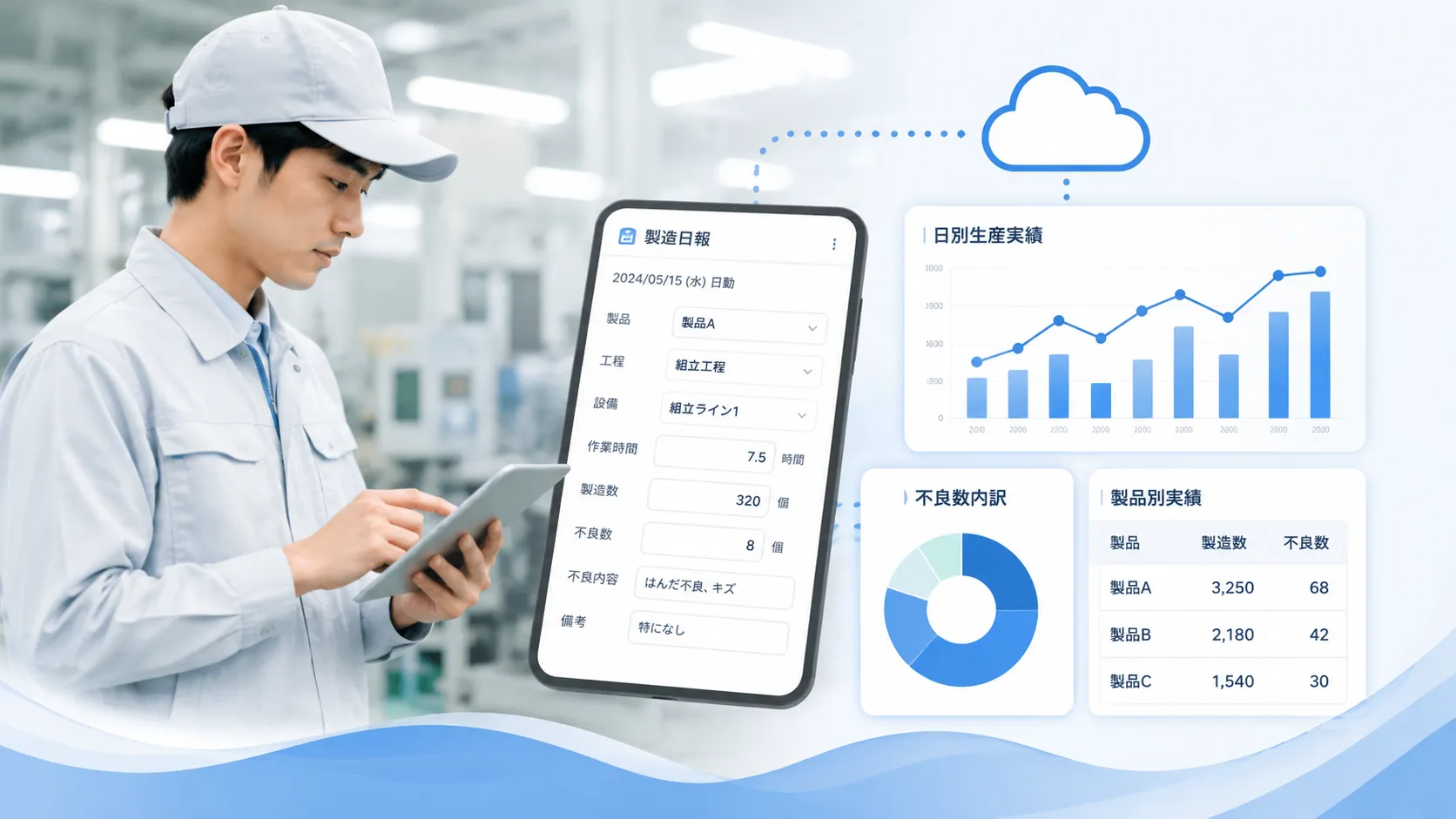 製造日報と生産実績をデジタル化のイメージ