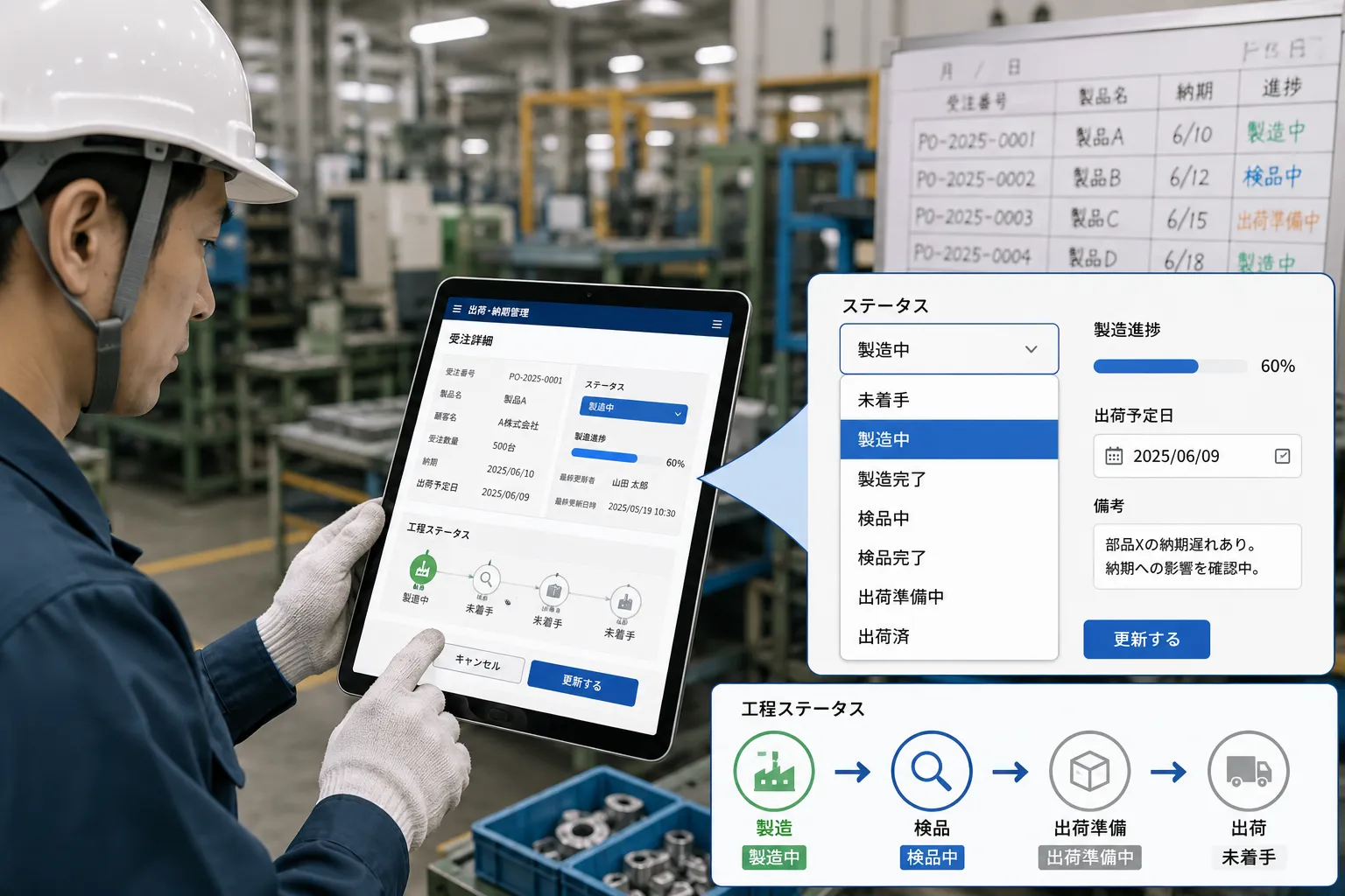 製造現場の担当者がタブレットから受注を選択し、製造中、検品中、出荷準備中などの進捗を更新する様子