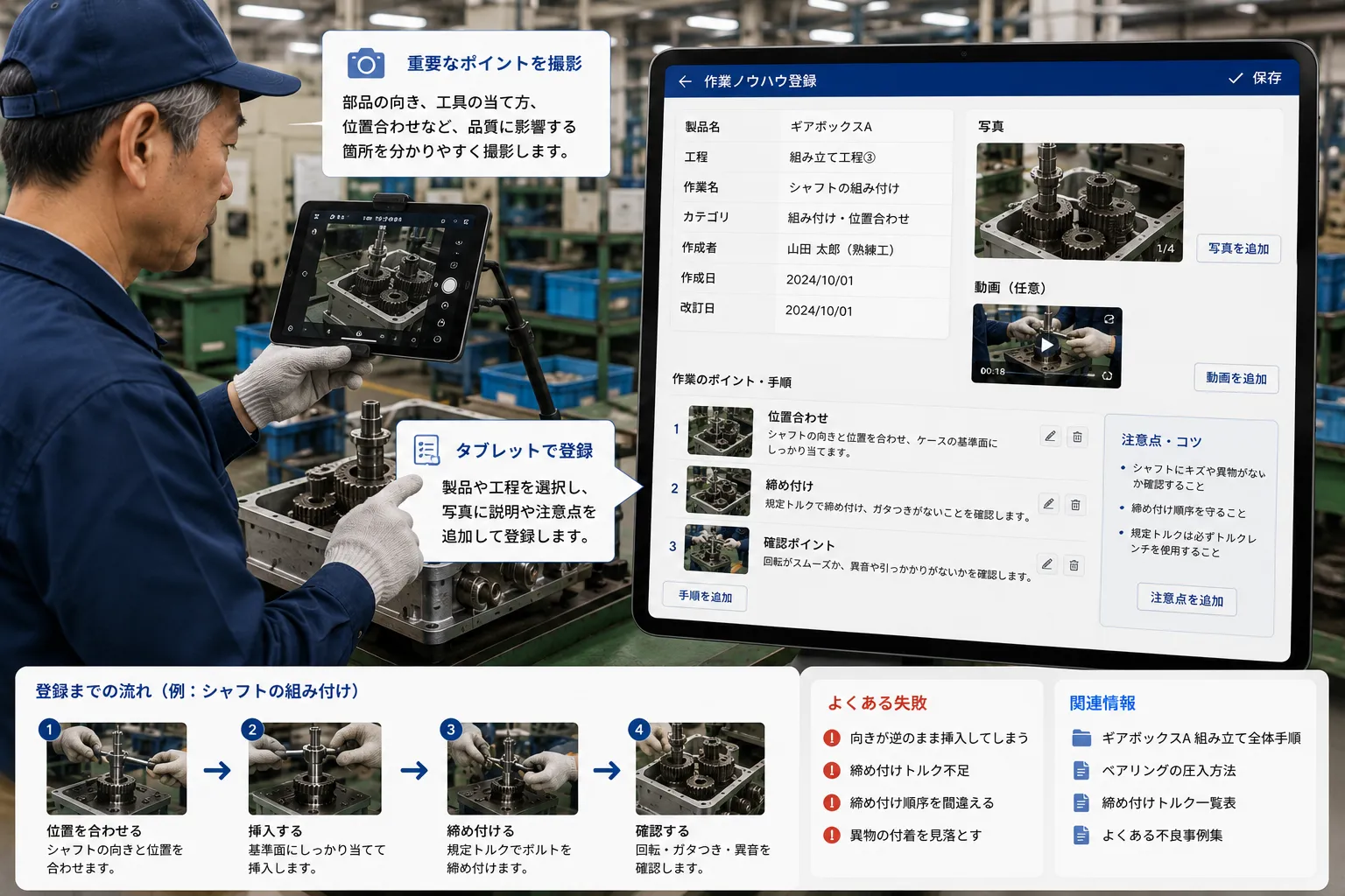 熟練工が製造現場で組み立て作業の重要な箇所を撮影し、タブレットから写真と注意点を登録する様子