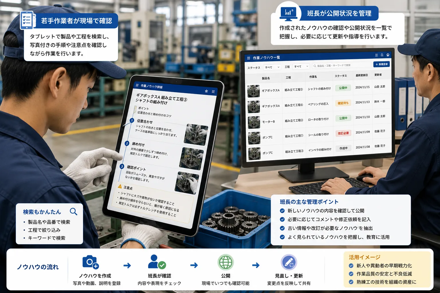 若手作業者が製造現場のタブレットで製品ごとの写真付き手順と注意点を確認し、班長が公開状況を管理する様子