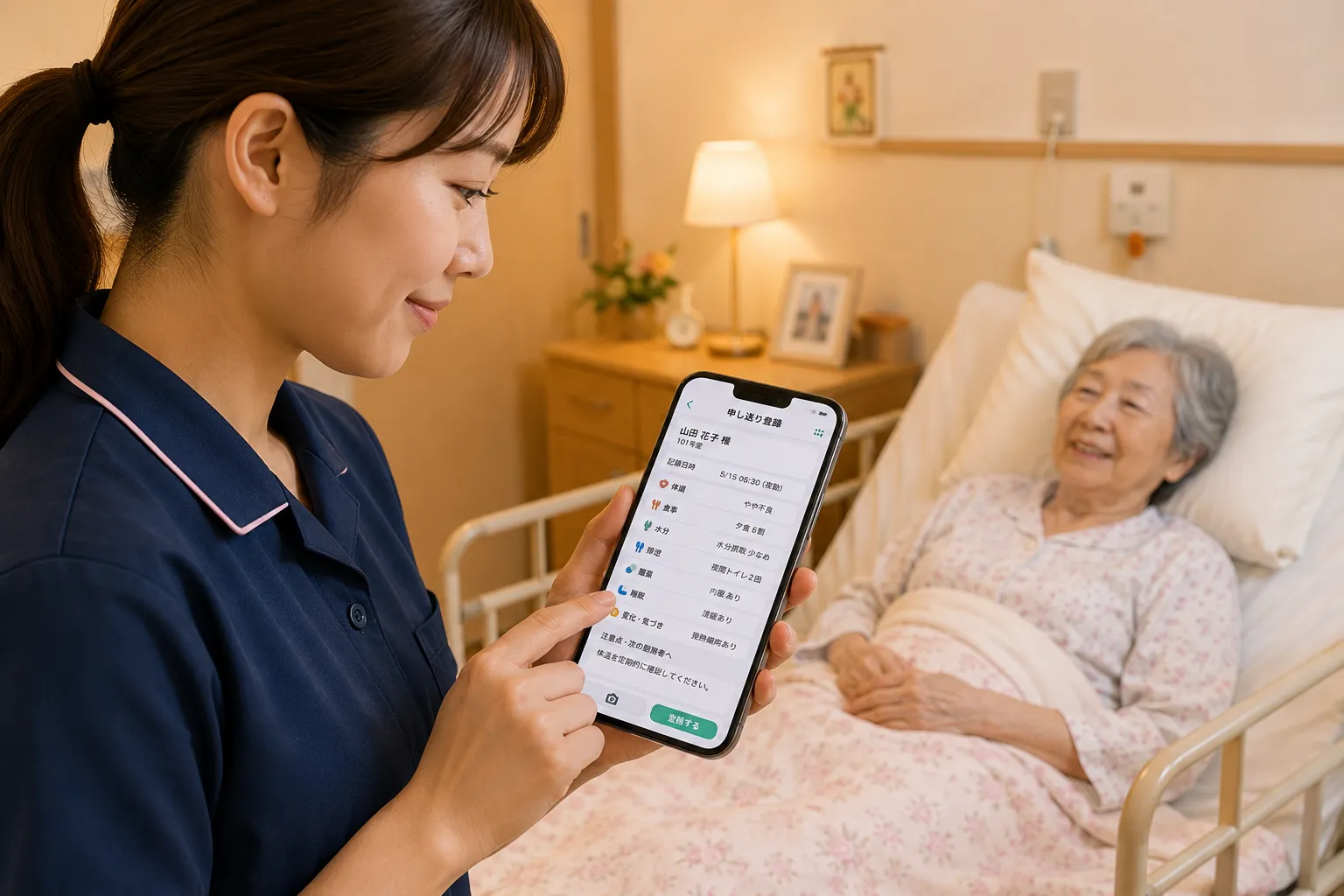 介護職員が利用者の居室でスマートフォンから夜間の体調、食事、排泄、服薬状況と注意点を登録する様子