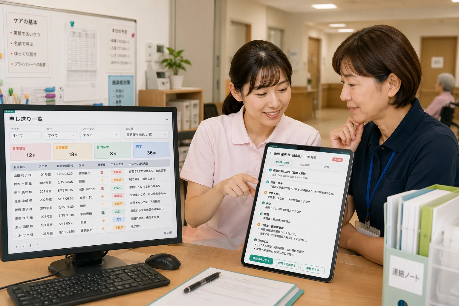 介護施設の日勤職員と管理者が利用者別の申し送り、未確認事項、要観察事項、対応状況を一覧で確認する様子