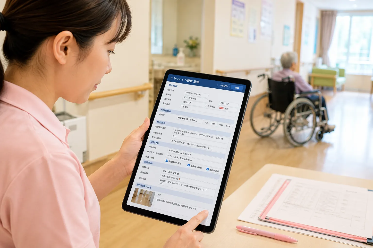 介護職員がタブレットから利用者の転倒に関するヒヤリハットの発生状況と初期対応を登録する様子