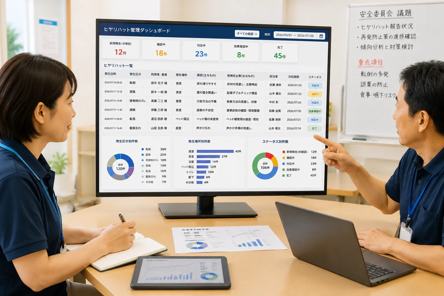 介護施設の管理者と安全委員会の担当者がヒヤリハットの原因、再発防止策、対応期限、完了状況を一覧で確認する様子