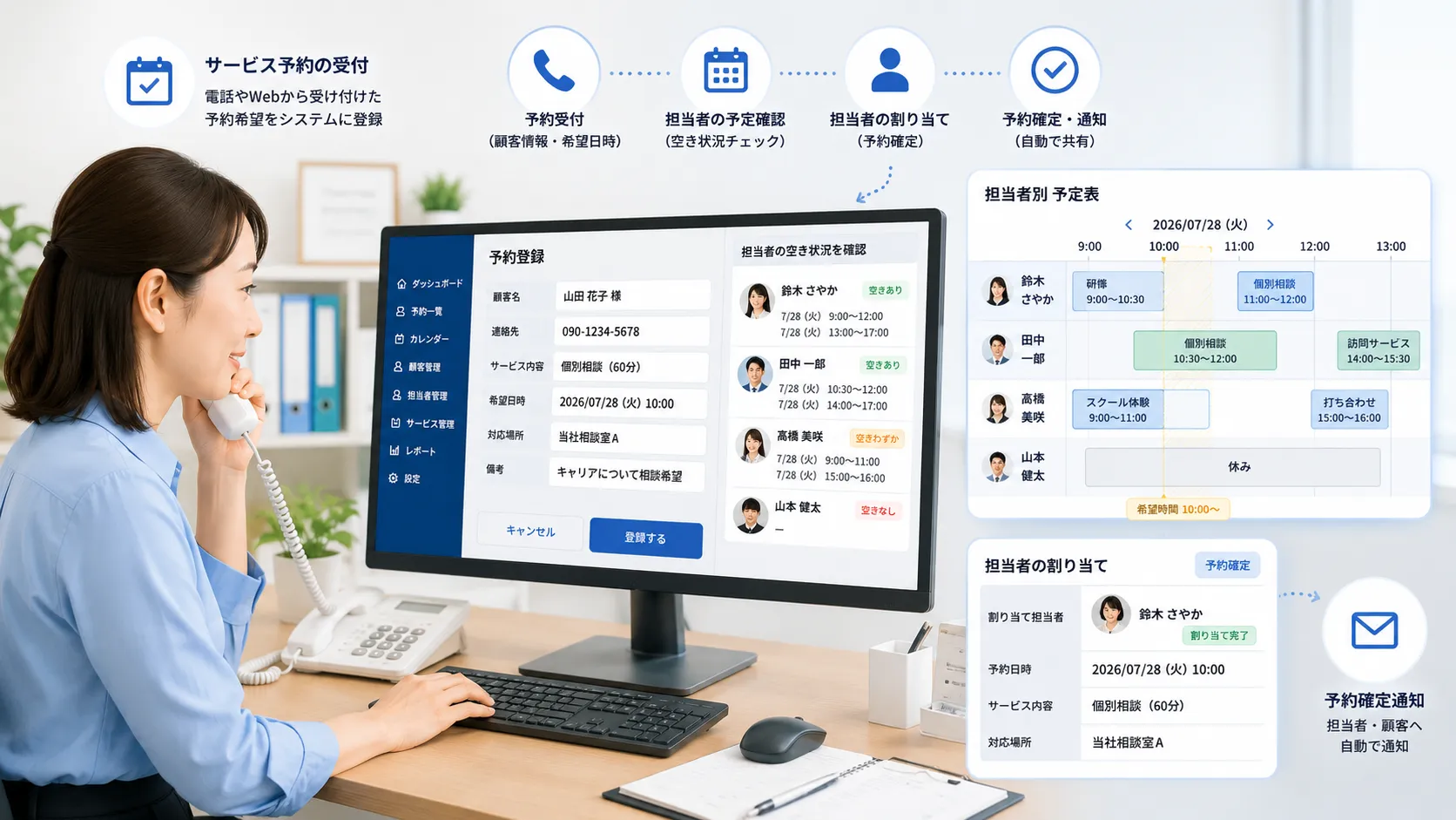 受付担当者が顧客からの予約希望をパソコンへ登録し、担当者別の予定を確認してサービス提供担当者を割り当てる様子