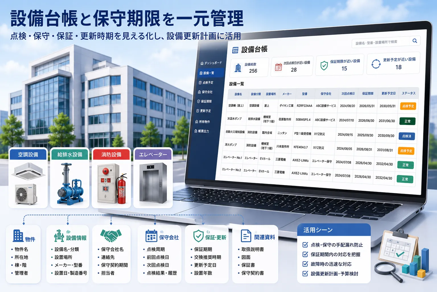 管理物件に設置された空調、給排水、消防、エレベーターの設備情報、保守会社、次回点検日、保証期限、更新予定日を関連付けて管理する活用イメージ