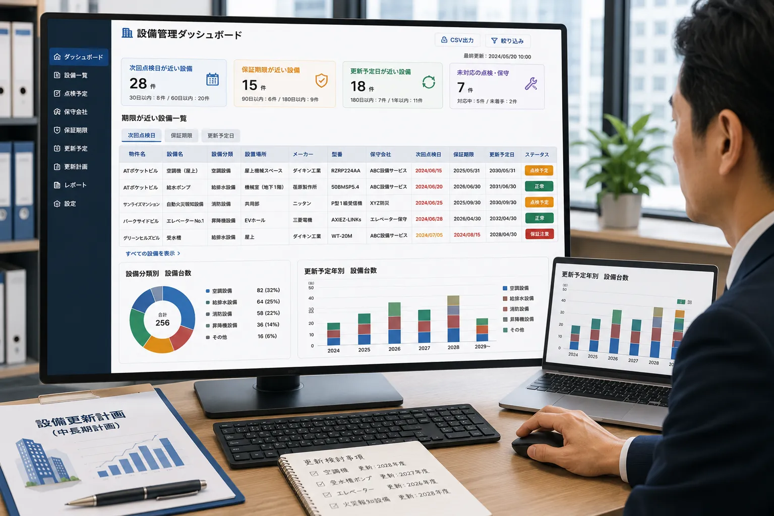 設備管理責任者が次回点検日、保証期限、更新予定日が近い建物設備と更新計画を一覧で確認する様子