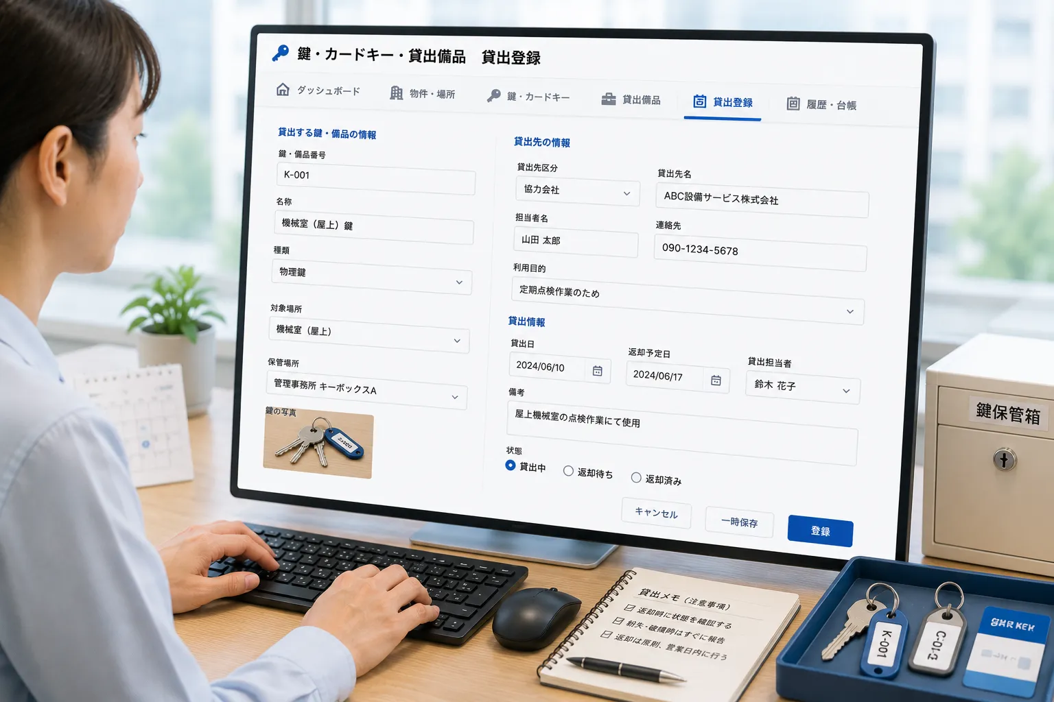 物件管理担当者がパソコンから貸し出す鍵やカードキー、対象物件、貸出先、返却予定日を登録する様子