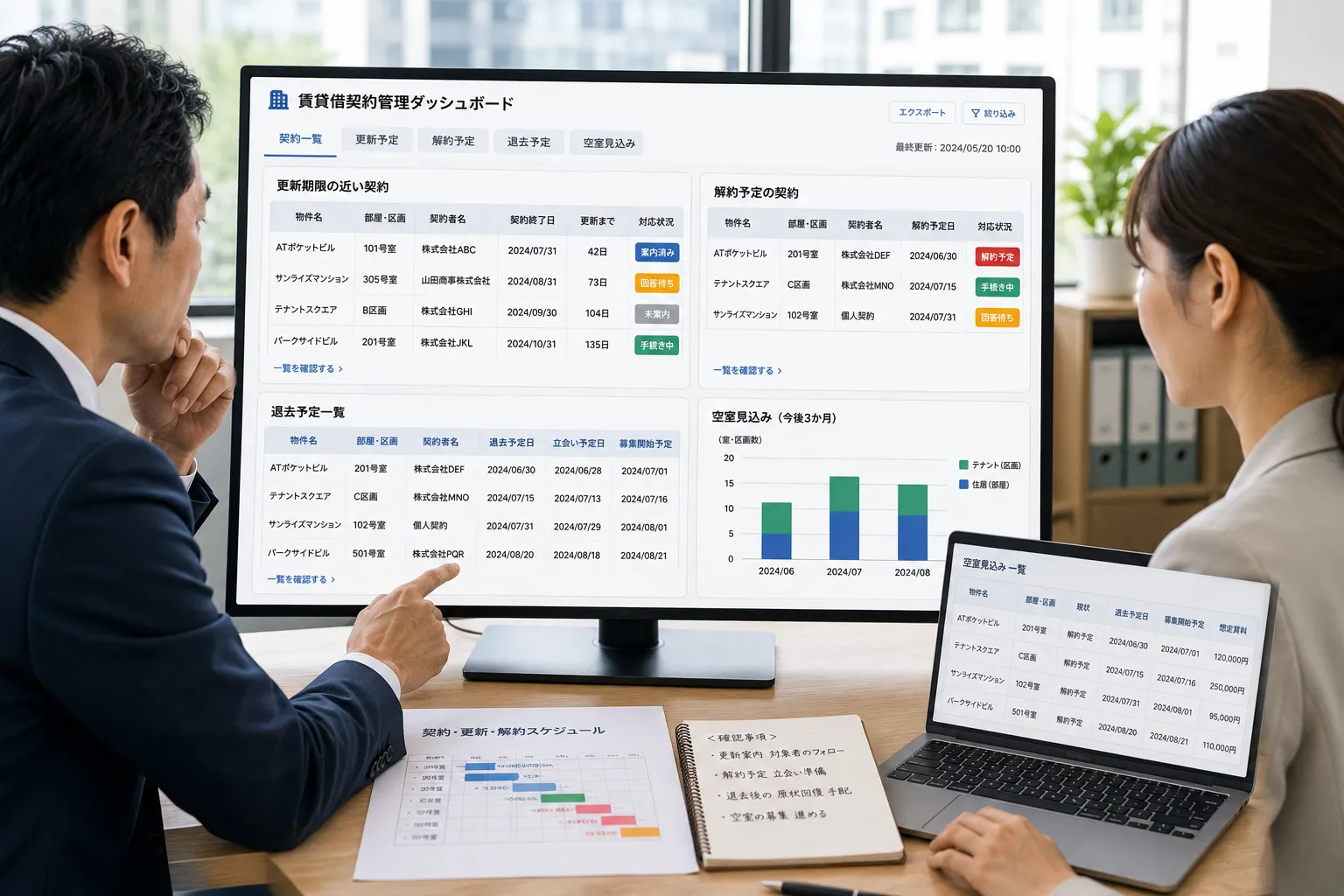 不動産管理責任者と募集担当者が更新期限の近い契約、解約予定、退去予定、空室見込みを一覧で確認する様子