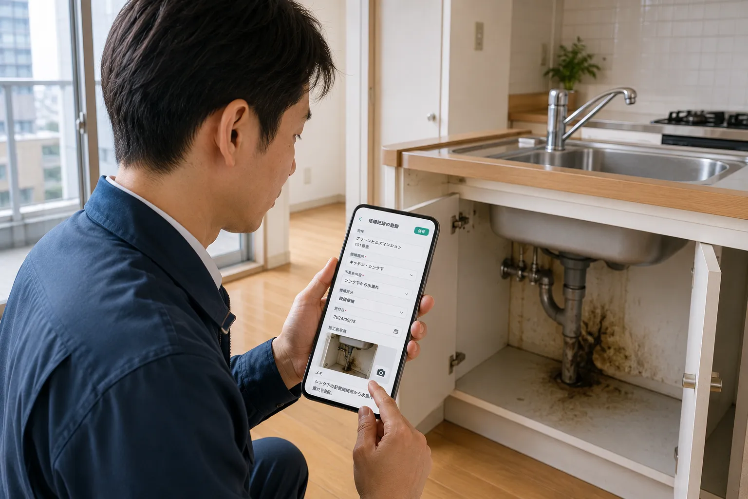 マンションの室内で物件管理担当者がスマートフォンから修繕箇所と施工前の写真を登録する様子