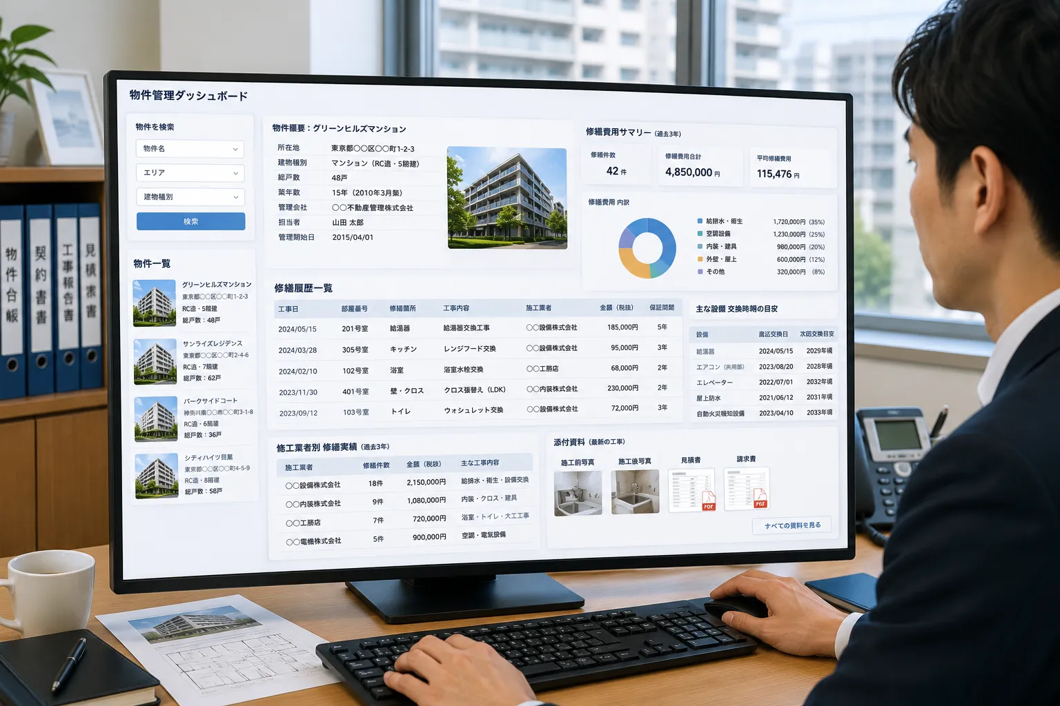 不動産管理会社の担当者がパソコンで物件別の修繕履歴、工事費用、施工業者、設備交換時期を確認する様子