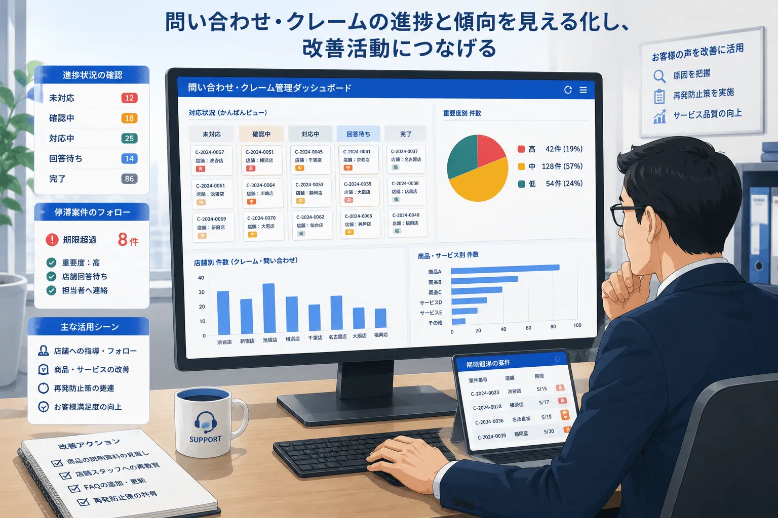 サポート責任者が問い合わせやクレームの進捗状況と店舗別の商品別集計を確認する様子