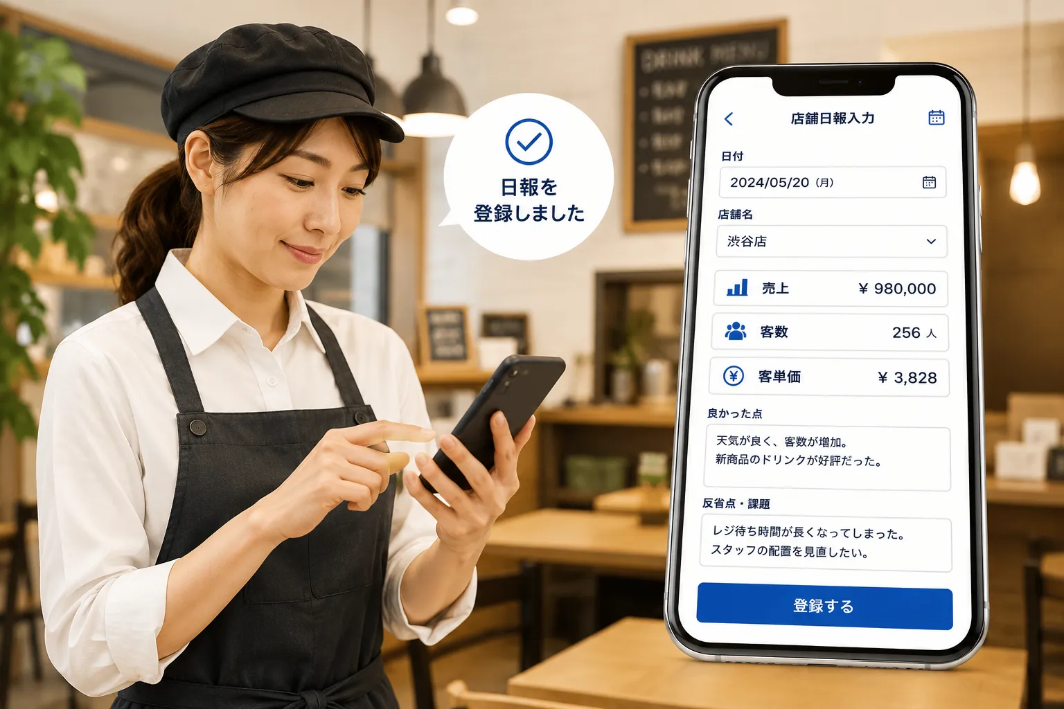 店舗の店長が営業終了後にスマートフォンから売上、客数、客単価、良かった点、反省点を登録する様子