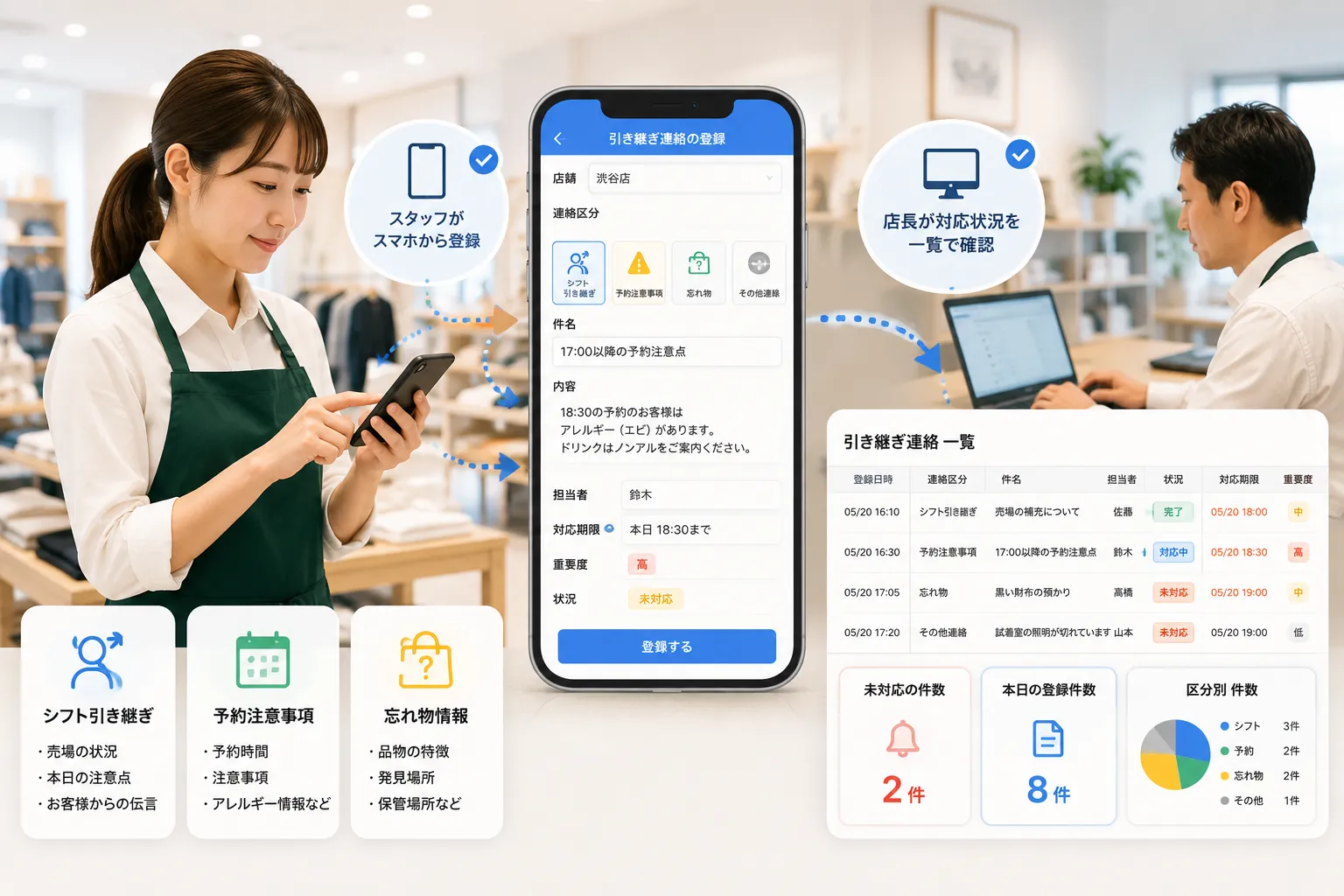 店舗スタッフが早番から遅番への連絡事項、予約時の注意点、忘れ物情報をスマートフォンから登録し、店長が対応状況を確認する活用イメージ