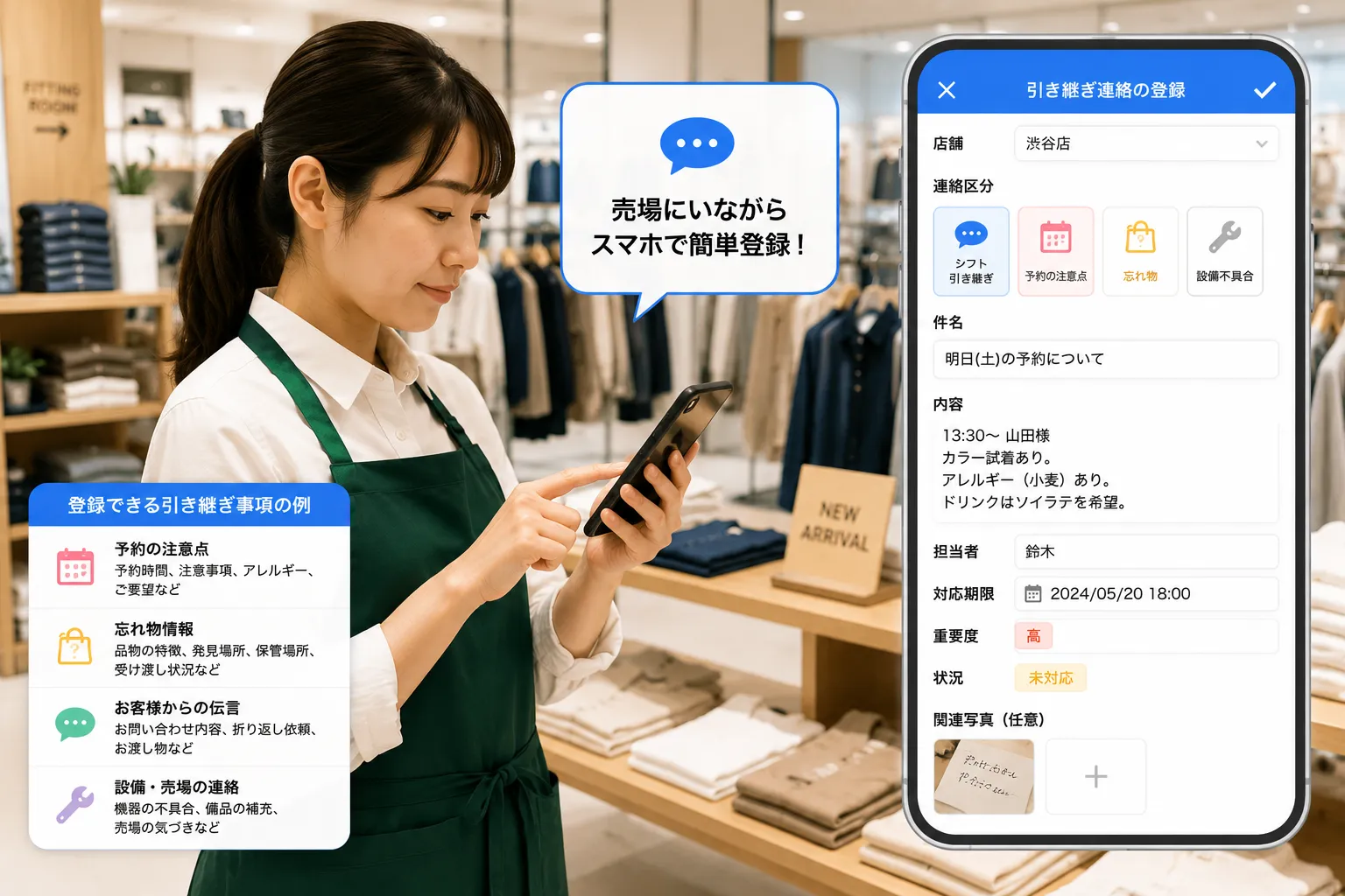 店舗スタッフが売場でスマートフォンを使い、予約の注意点や忘れ物などの引き継ぎ事項を登録する様子