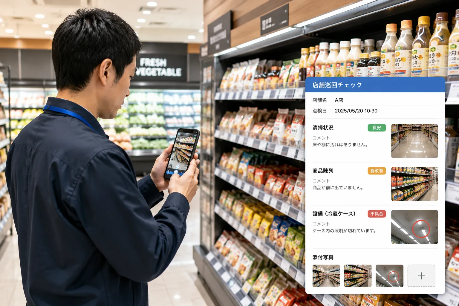 巡回担当者が店舗の売場でスマートフォンを使い、清掃、商品陳列、設備の状態を写真付きで点検する様子