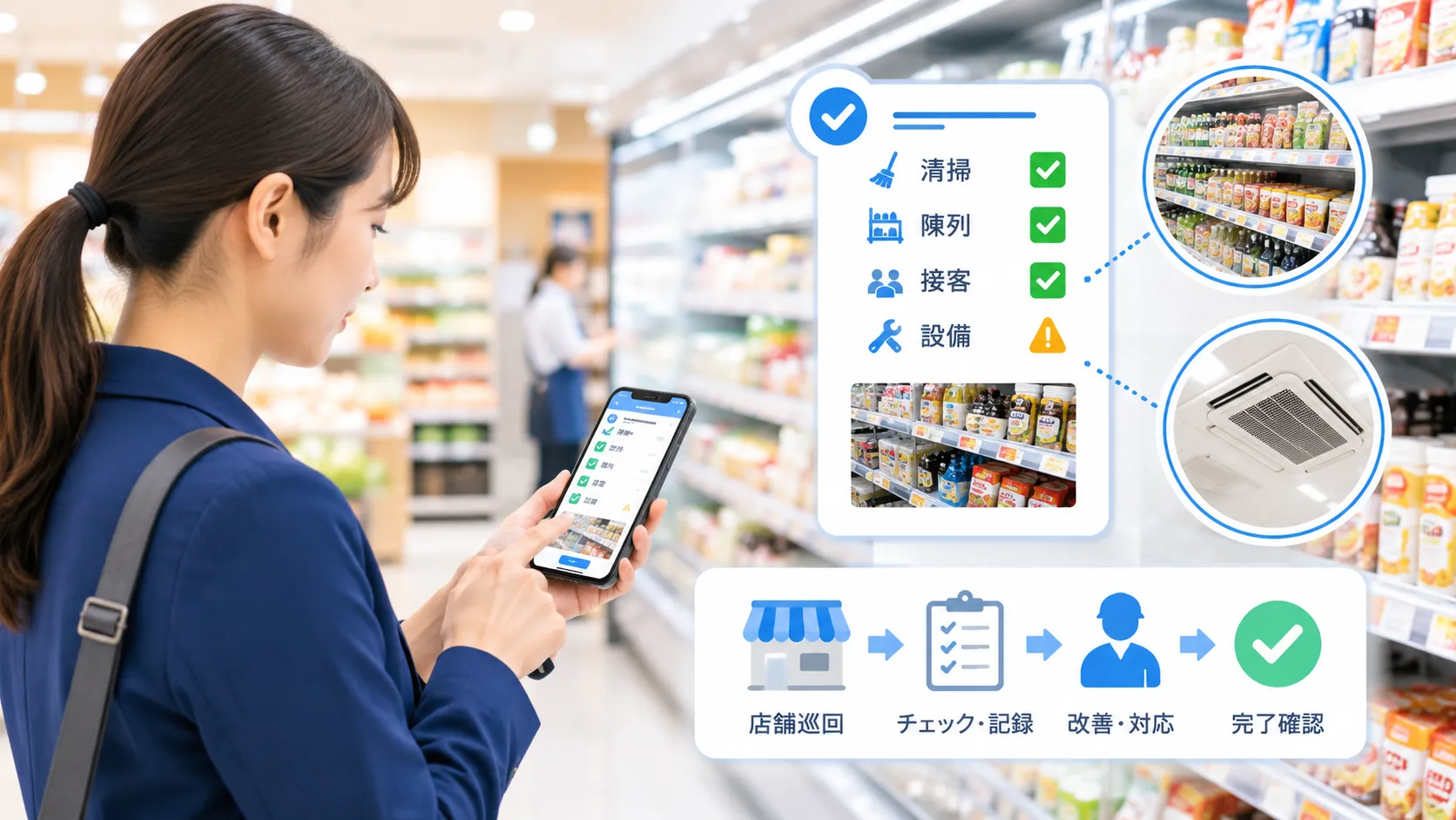 店舗巡回チェックと修理対応を一元管理のイメージ