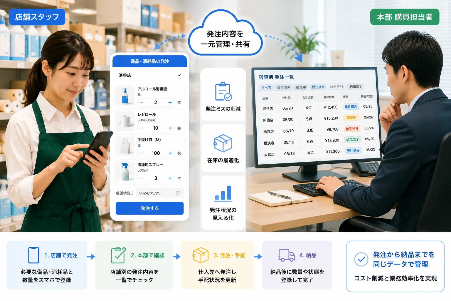 店舗スタッフがスマートフォンから備品と消耗品を発注し、本部の購買担当者が店舗別の発注内容と手配状況を確認する活用イメージ