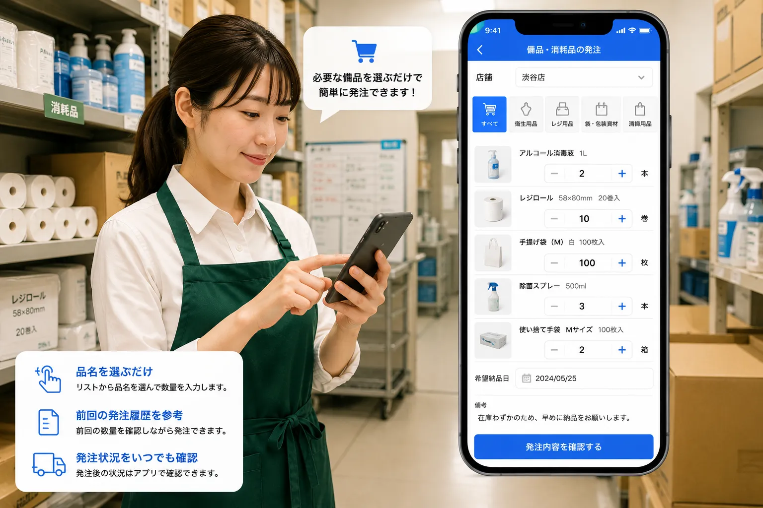 店舗スタッフがバックヤードでスマートフォンを使い、アルコール消毒液、レジロール、手提げ袋などの備品と数量を選択して発注する様子