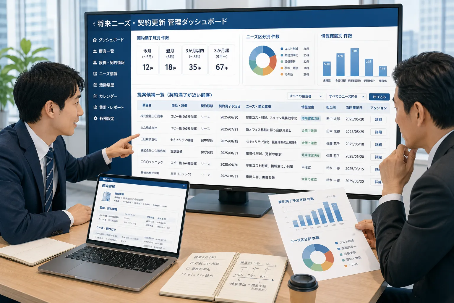 営業担当者と営業マネージャーが契約満了月や将来ニーズ別の顧客一覧から提案候補を確認する様子