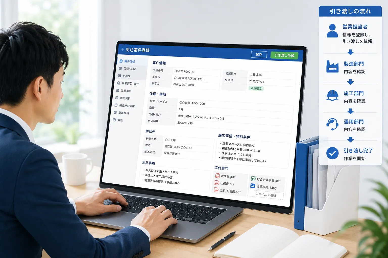 営業担当者がパソコンから受注案件の仕様、納期、納品先、顧客要望、注意事項、添付資料を登録する様子