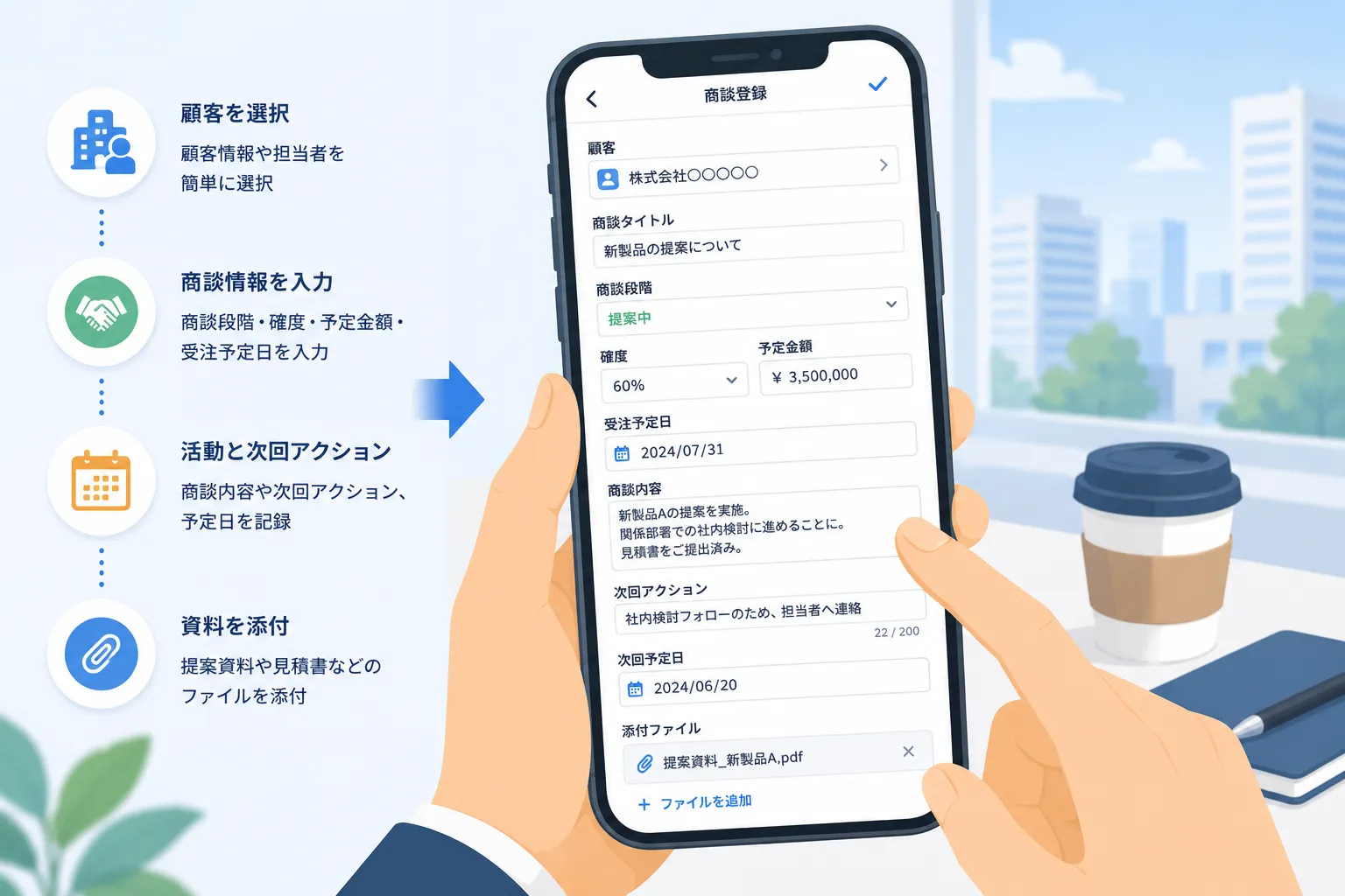 営業担当者がスマートフォンから顧客を選択し、商談内容と次回アクションを登録する様子