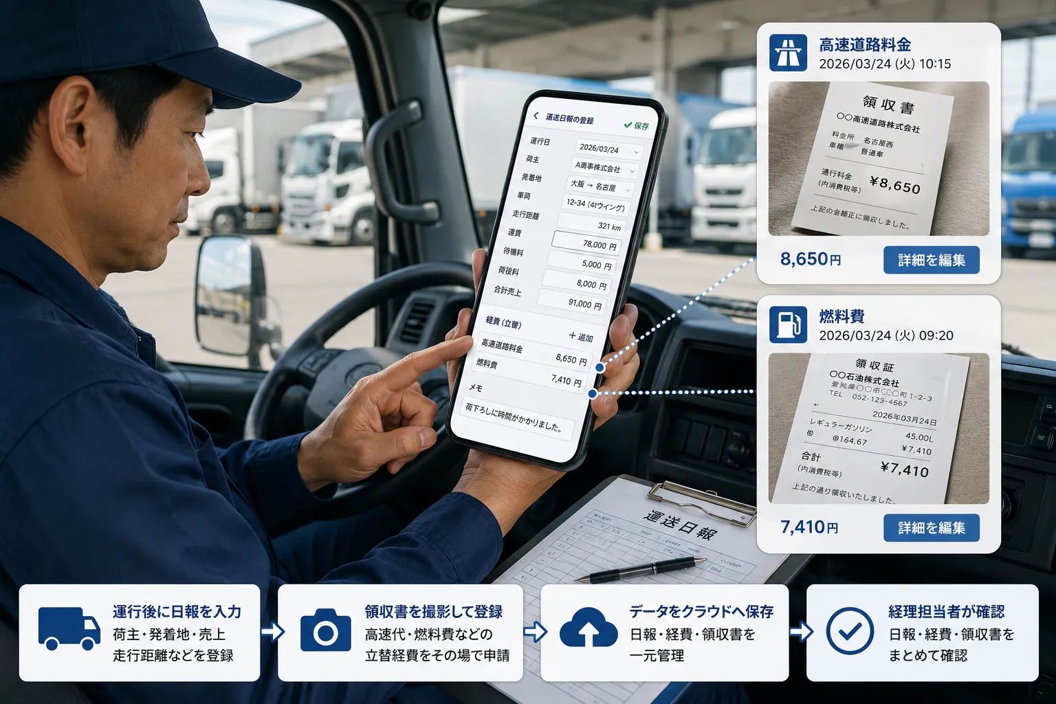 トラックのドライバーがスマートフォンから運送日報を入力し、高速道路料金と燃料費の領収書を撮影して登録する様子