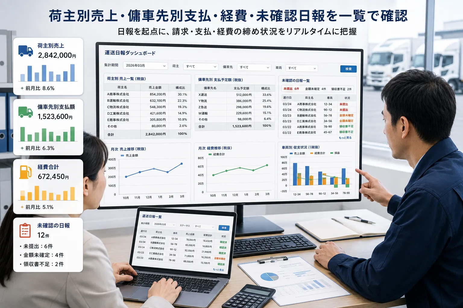 運送会社の経理担当者と運行部長が荷主別売上、傭車先別支払額、経費、未確認の日報を一覧とグラフで確認する様子