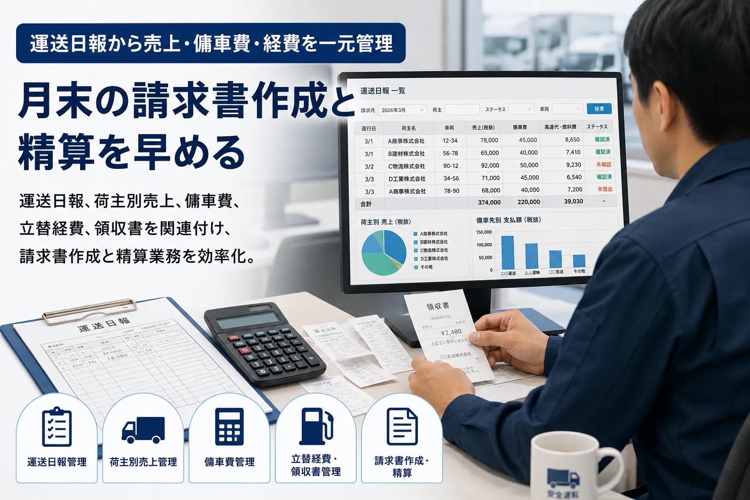 運送日報から売上・傭車費・経費を一元集計のイメージ